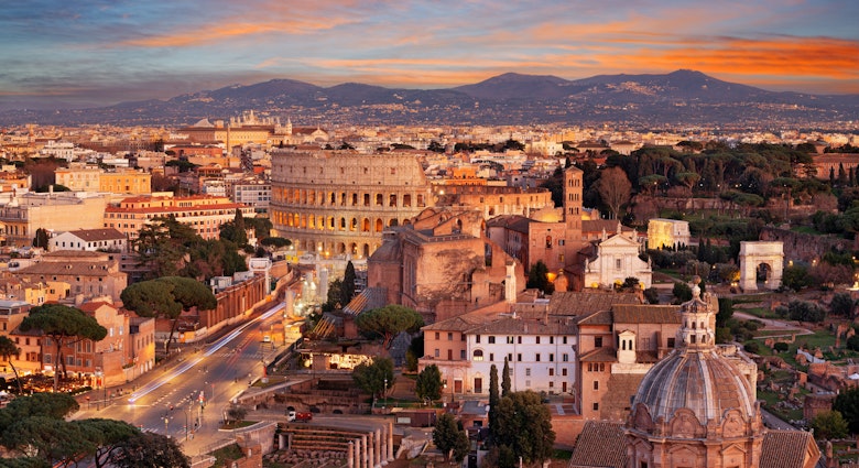 Rome, Italy view towards the Colosseum with archeological areas at sunset., License Type: media, Download Time: 2024-11-19T16:46:36.000Z, User: meg3348277, Editorial: false, purchase_order: 56530 - Guidebooks, job: Global Publishing-WIP, client: Experience Italy 2, other: Megan Cassidy